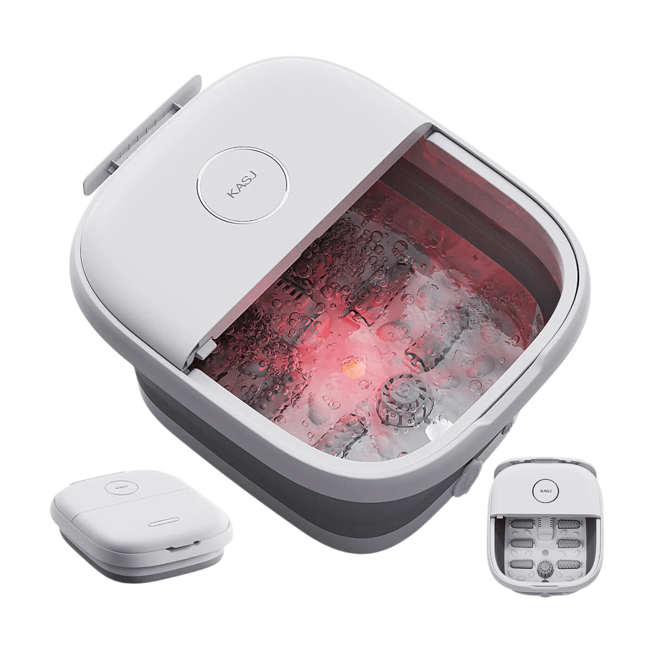 KASJ T5-A Spa de pieds massant portable pliable – chaleur, bulles et lumière rouge, massage à 6 rouleaux avec orifice de vidange pour relaxation à domicile