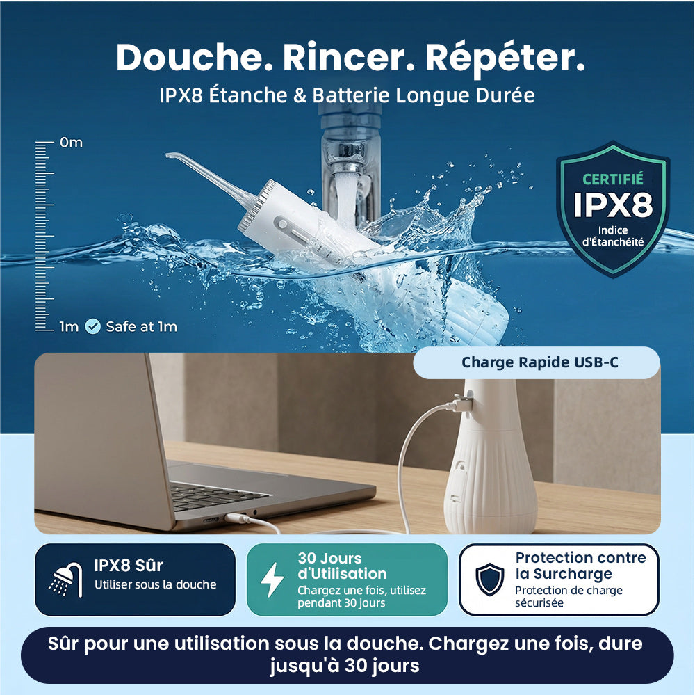 BAIR CARE M11 Hydropulseur dentaire avec désinfection UV (élimination de 99,9 % des bactéries), réservoir extra-large 360 ml, rangement des embouts, rechargeable USB-C