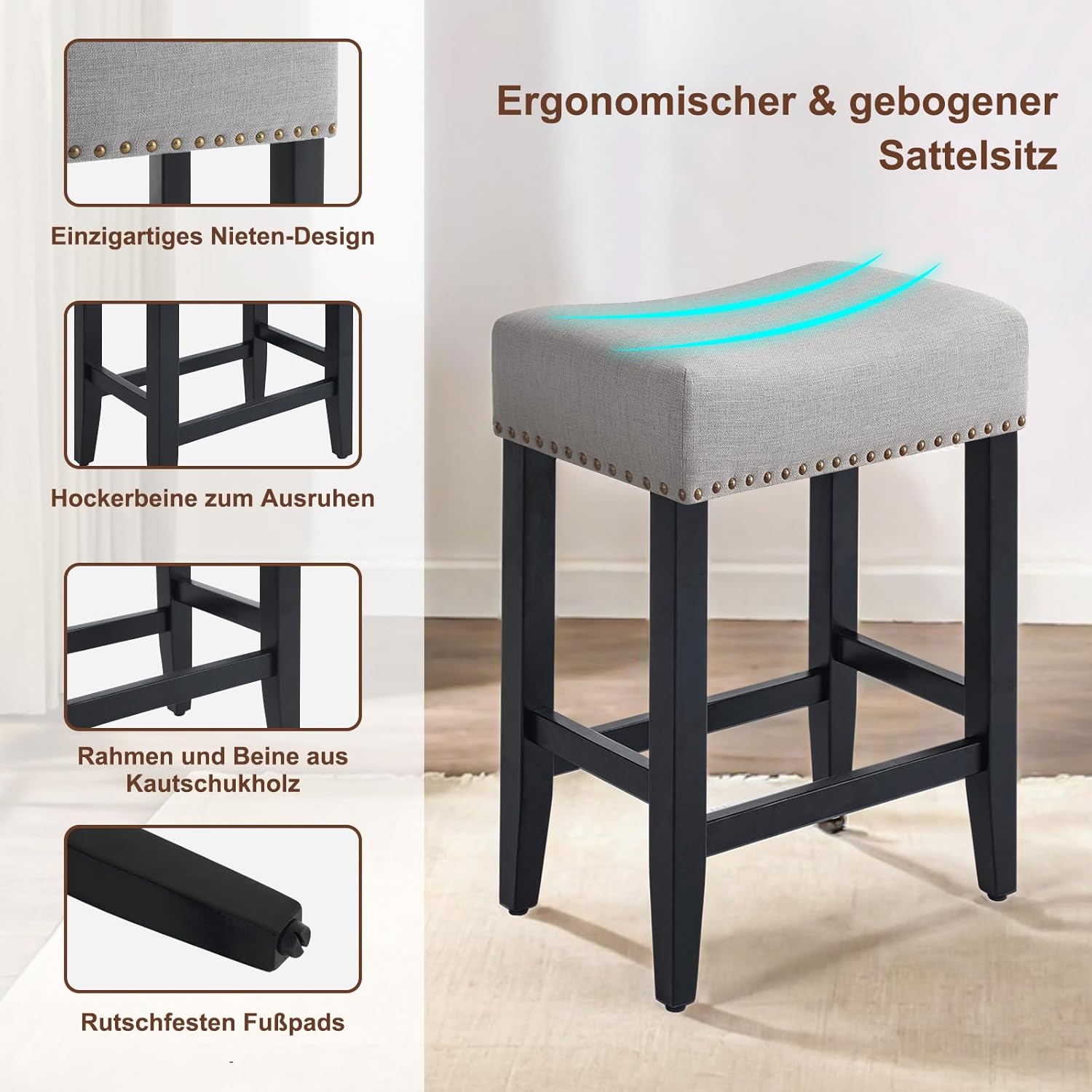 Ckaff Lot de 2 tabourets de bar, Chaises de bar hauteur 65,5 cm, Chaises de cuisine, En lin, Chaise de maquillage, Chaise de salle à manger, Tabouret de salle de bain