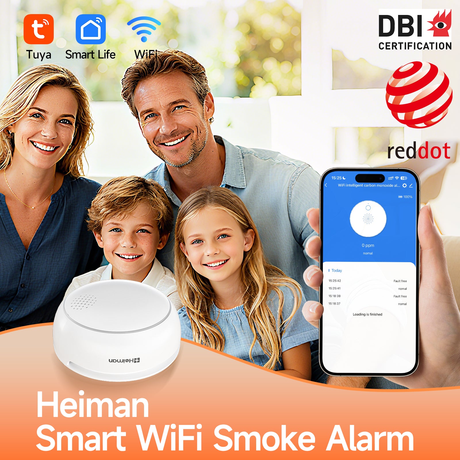 HEIMAN Détecteur de fumée Wi-Fi WLAN intelligent, avec application, batterie remplaçable, alarme 85 dB et bouton d'arrêt, conforme EN 14604