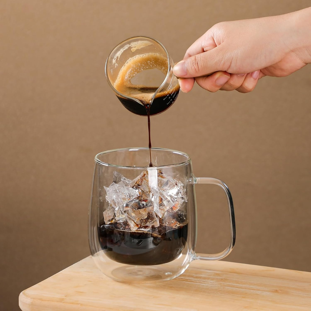 MEOKY Lot de 2 gobelets en verre à double paroi avec poignée, isolées, pour boissons chaudes et froides, 350 ml