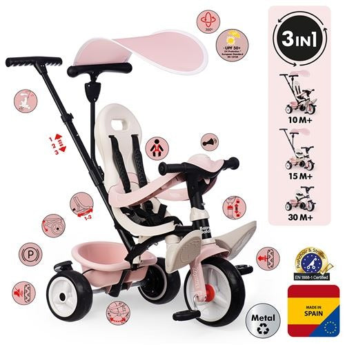 Smoby - Tricycle Baby Balade Rose - Evolutif 3 en 1 - Poignée Parentale Réglable - Frein de Parking, Repose-pied, Pare-soleil Anti-UV - A Partir de 10 Mois Jusqu'à 3 Ans - Fabrication Espagnole