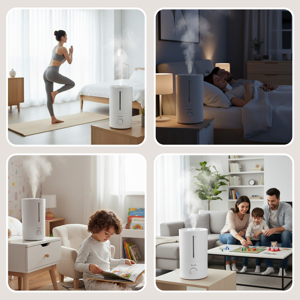 ROUNY Humidificateur d'air ultrasonique MOS W3, réservoir de remplissage supérieur de 4 L, 23 W, débit de brume de 350 ml/h, brume froide à 360°, fonctionnement silencieux ≤ 38 dB