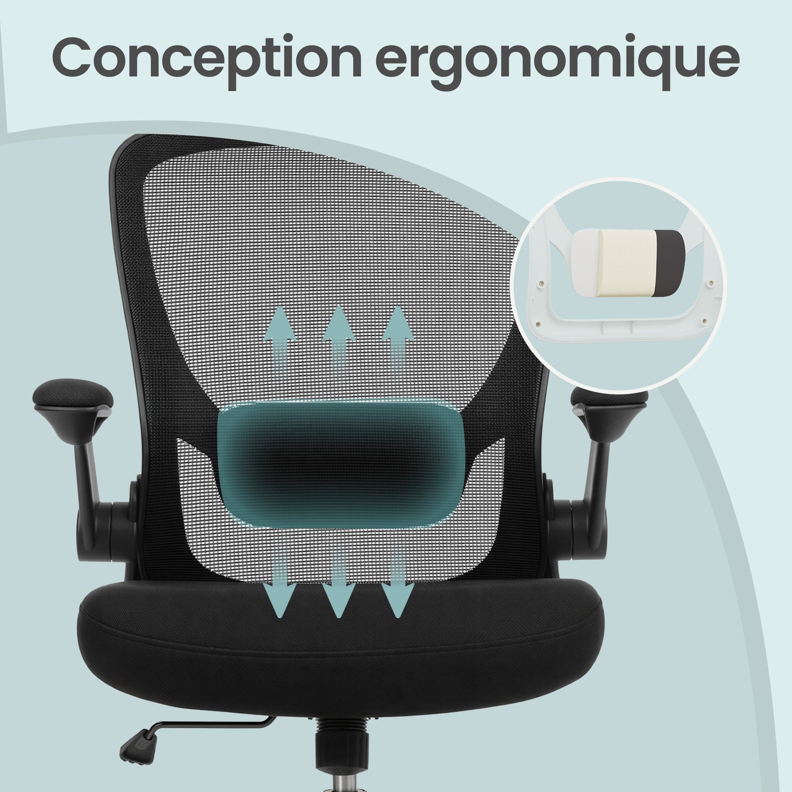 JOYFURNOS Fauteuil ergonomique en tissu noir d’encre – 60×64×（103-110）cm, soutien lombaire rembourré, accoudoirs relevables, mécanisme à bascule – idéal pour le bureau à domicile