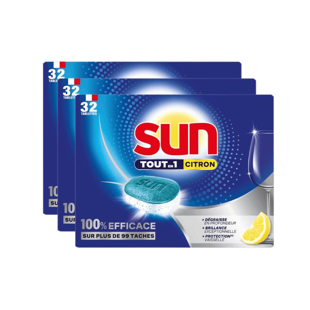 Sun Tout-en-1 Citron Tablettes Lave-Vaisselle Lot de 3 x 32 (= 96 Tablettes)