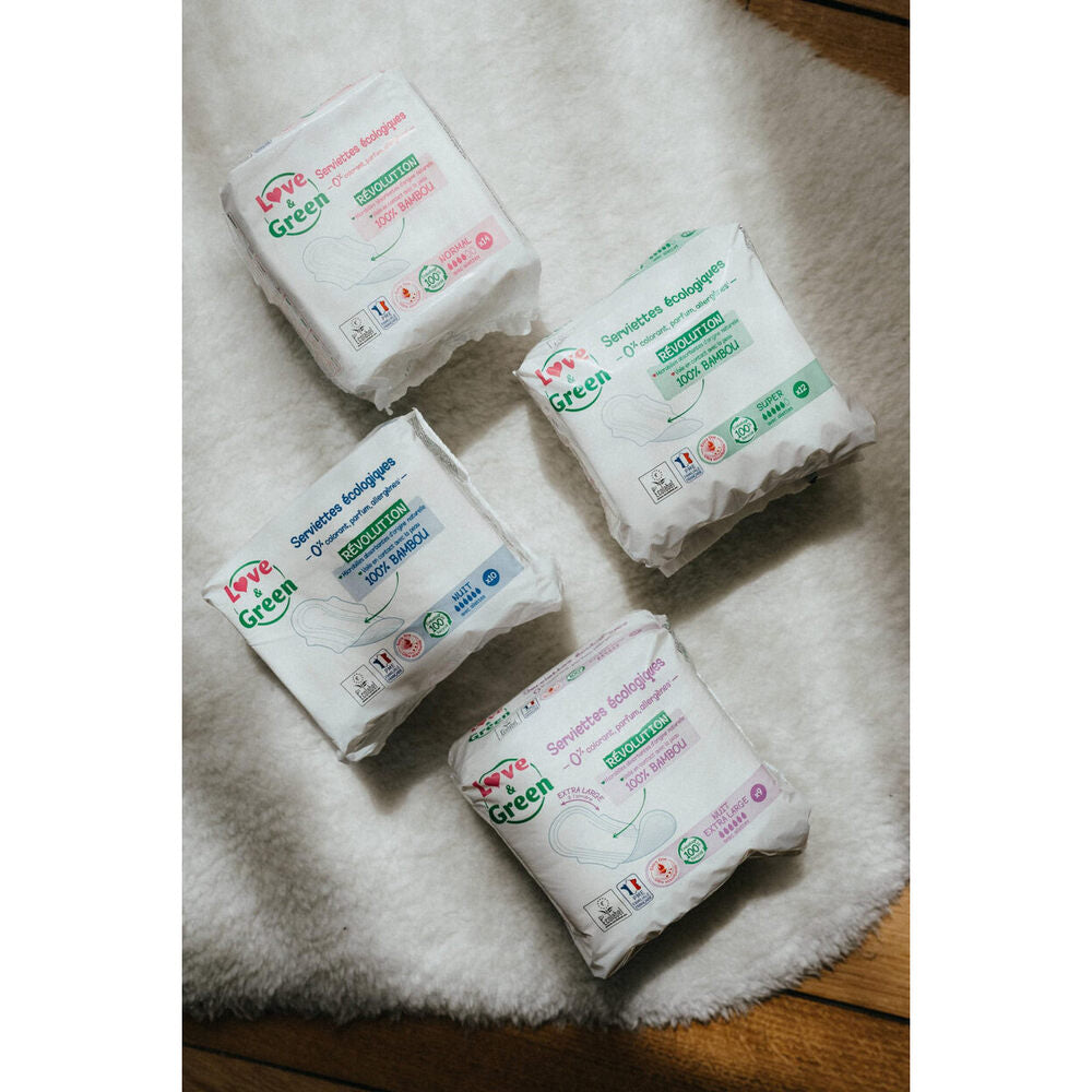 LOVE & GREEN Serviettes Hygiéniques Écologiques Hypoallergéniques Avec Ailettes Super - 48 Serviettes (4 Paquets de 12)