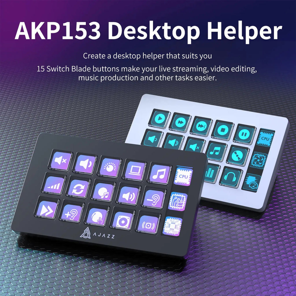 AJAZZ AKP153 Contrôleur studio, 15 boutons de macron, déclenche des actions dans des applications et logiciels comme OBS, YouTube et Twitch, console personnalisable pour la retouche photo et la montage vidéo, diffusion en direct, PC/Mac (Noir)