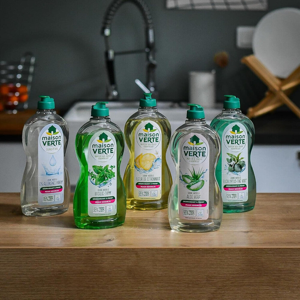 Maison Verte Liquide Vaisselle, Formule Dégraissante à Froid pour Peaux Sensibles, Certifié Écolabel, Fleur de Citronnier, 4 x 500 ml (= 2 L)