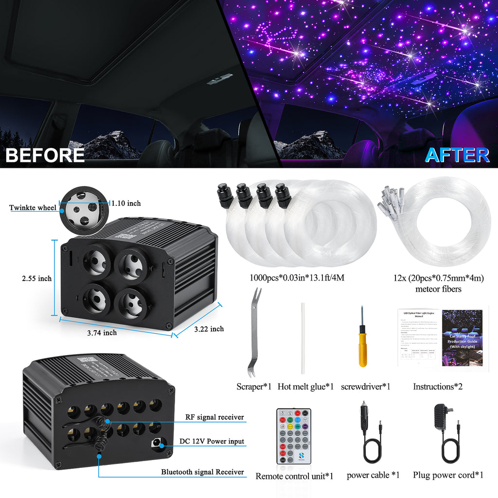 VGETTING Kit de mise à niveau de ciel de toit étoilé pour voiture, Éclairage d’ambiance en fibre optique 4 couleurs 32 W + 240 lumières pluie de météores RGBW, Commande double mode