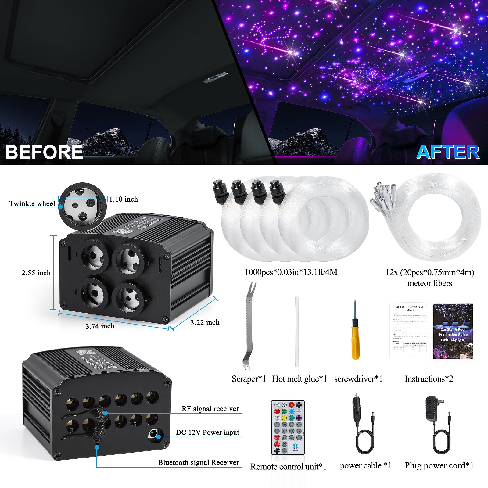 VGETTING Kit de mise à niveau de ciel de toit étoilé pour voiture, Éclairage d’ambiance en fibre optique 4 couleurs 32 W + 240 lumières pluie de météores RGBW, Commande double mode