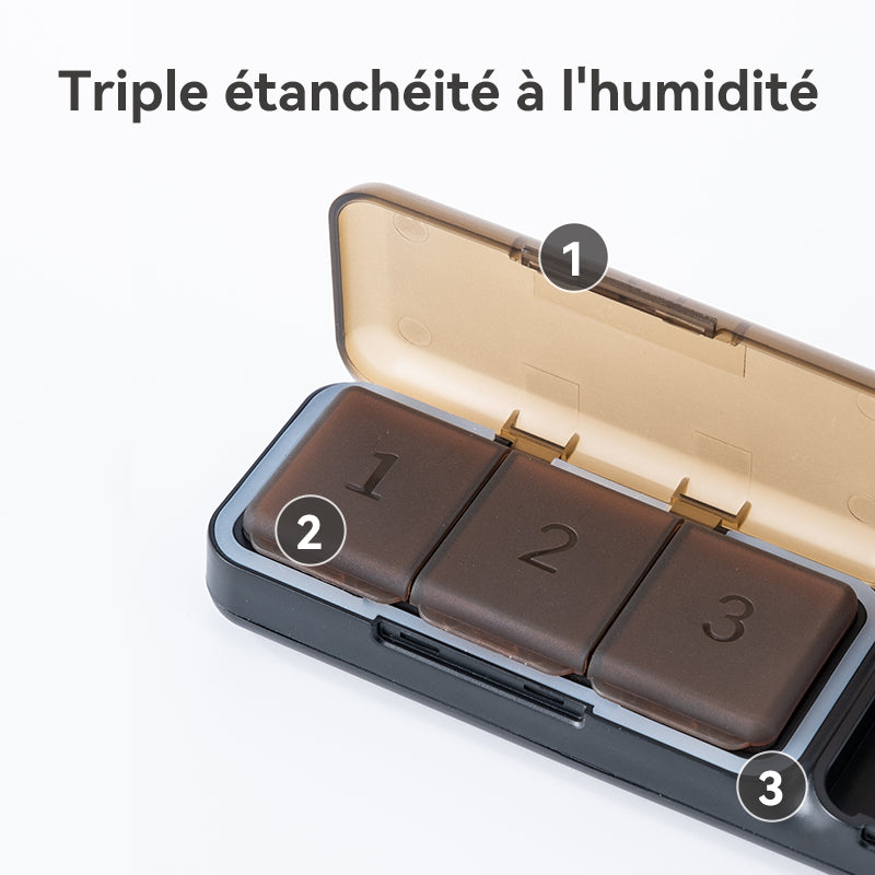 JORDAN&JUDY Petit organiseur de pilules, boîte de rangement portable mini pour pilules quotidiennes avec coupeur de comprimés, 1 pièce, marron