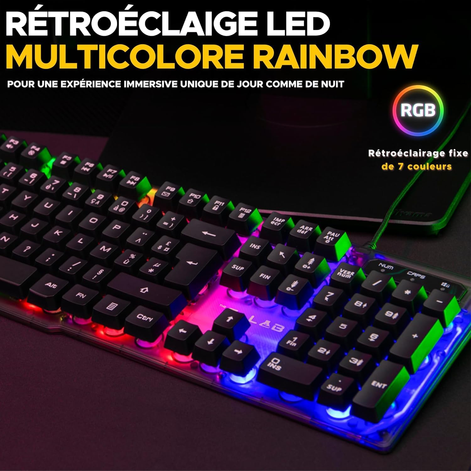 THE G-LAB Keyz Neon Clavier Gaming Membrane Filaire RGB, Taille Complète - AZERTY - Noir