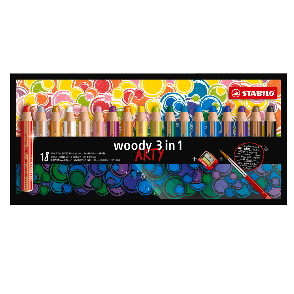 STABILO ARTY Woody 3-en-1 Lot de 18 crayons de couleur multi-talents avec taille-crayon et pinceau