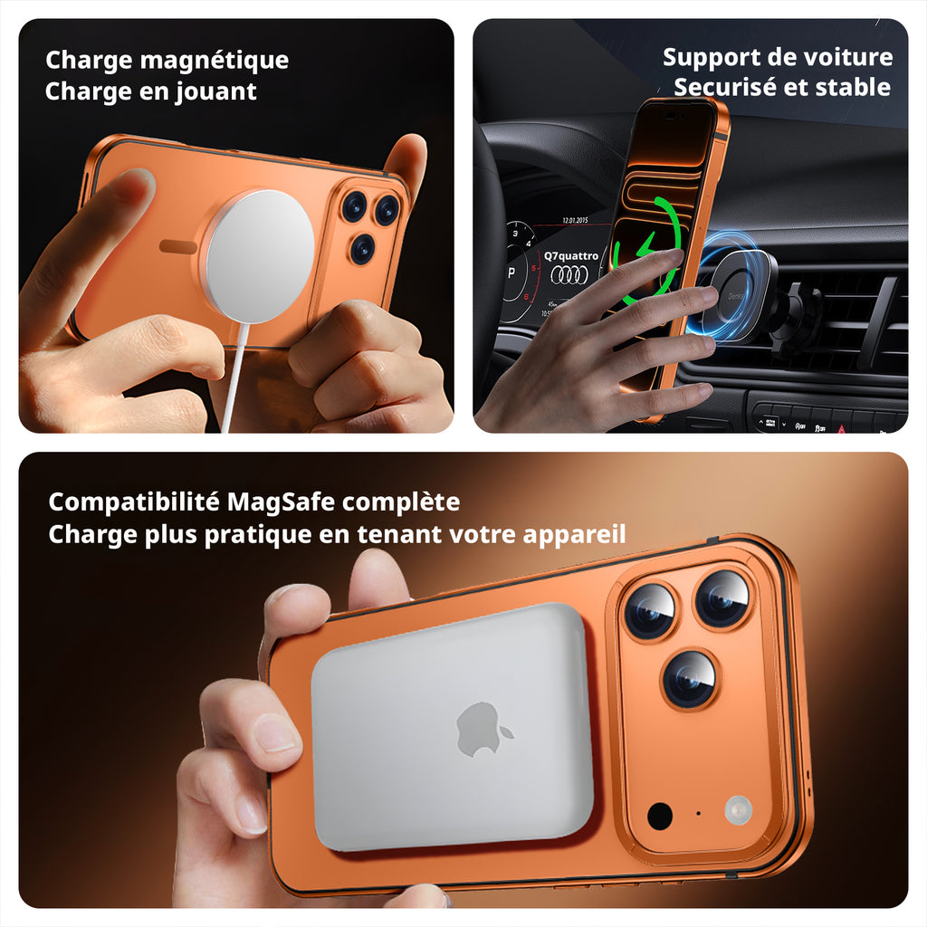 Coque IM-CHEN pour iPhone 17 Pro Max, cadre en alliage, couleur d’origine, version magnétique MagSafe, orange, 1 pièce