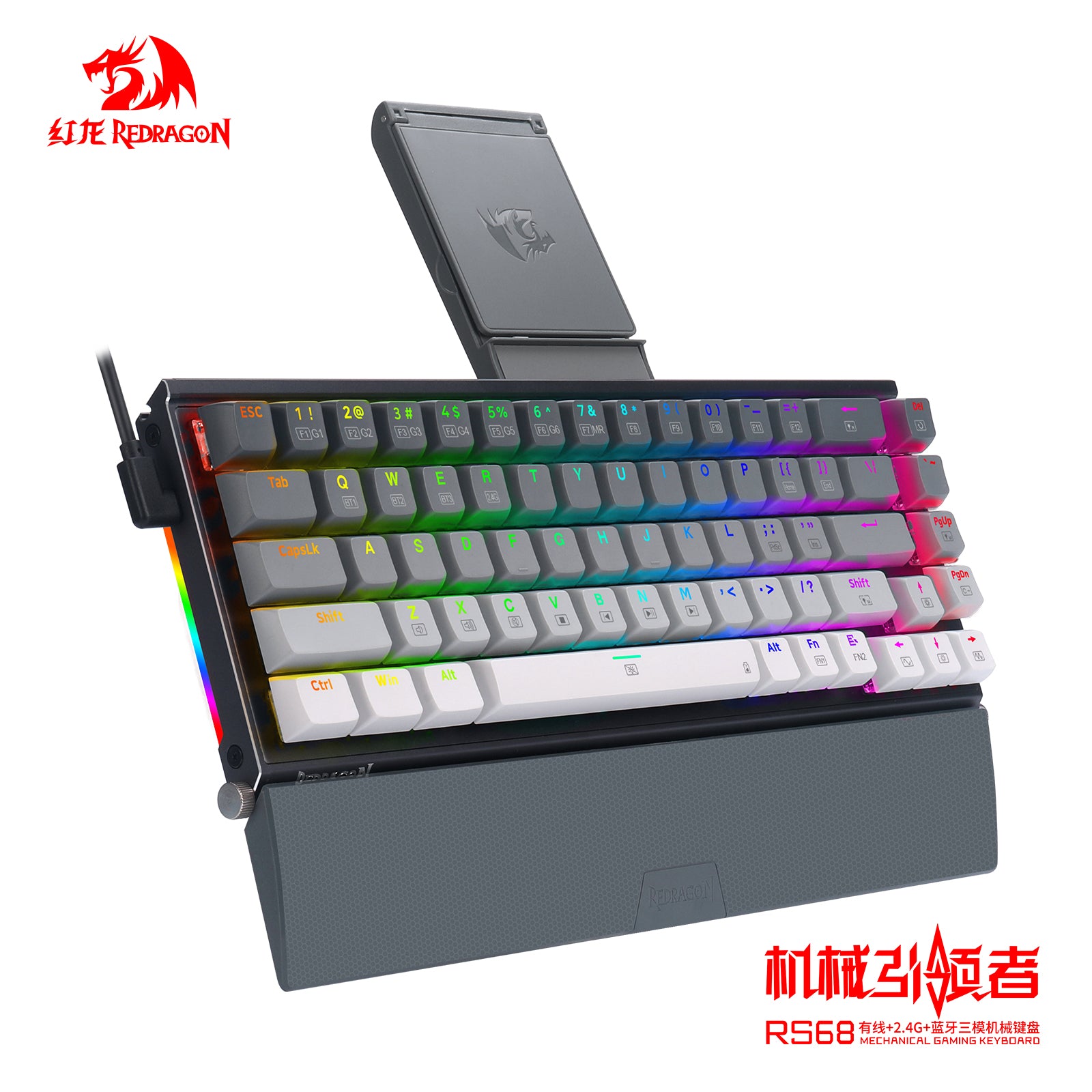 RS68 3e examen blanc - clavier mécanique sans fil en alliage d’aluminium, supports de switchs, remplacement à chaud, repose-poignet détachable, clavier gaming e-sport pour bureau, gris sidéral