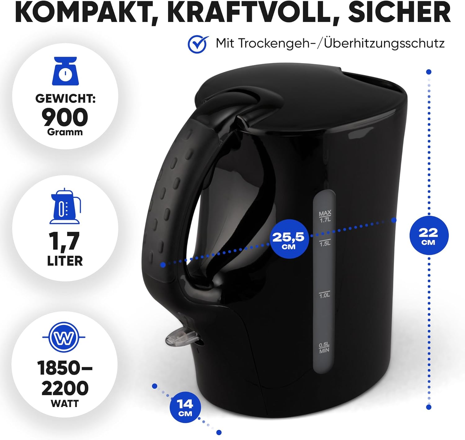 Clatronic WK-3819 Bouilloire électrique noire à ébullition rapide 2200 W - 1,7 L