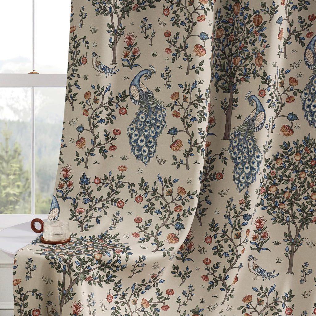 PONY DANCE Rideaux Vintage Imprimés Floraux Occultants Isolants Thermiques pour Chambre Salon, 2 Panneaux, L 132 x H 220 cm, Beige