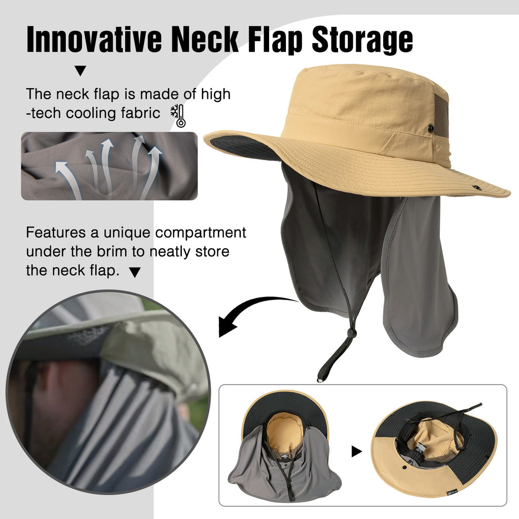 TOP-EX Chapeau de pêche pour homme avec protection UV, couvre-nuque à effet froid, emplacement pour lunettes, bords larges, taille M/L - Kaki