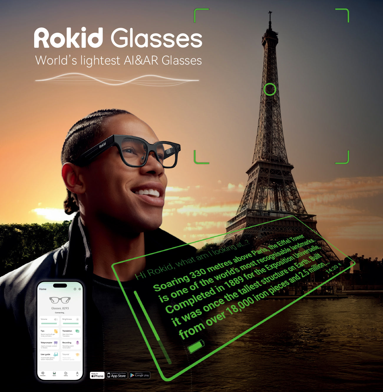 Lunettes Rokid (avec écran), lunettes intelligentes IA et RA, premières lunettes IA avec prise en charge de ChatGPT et Gemini, ultra-légères 49 g, traduction et navigation en temps réel, prise de notes lors des réunions