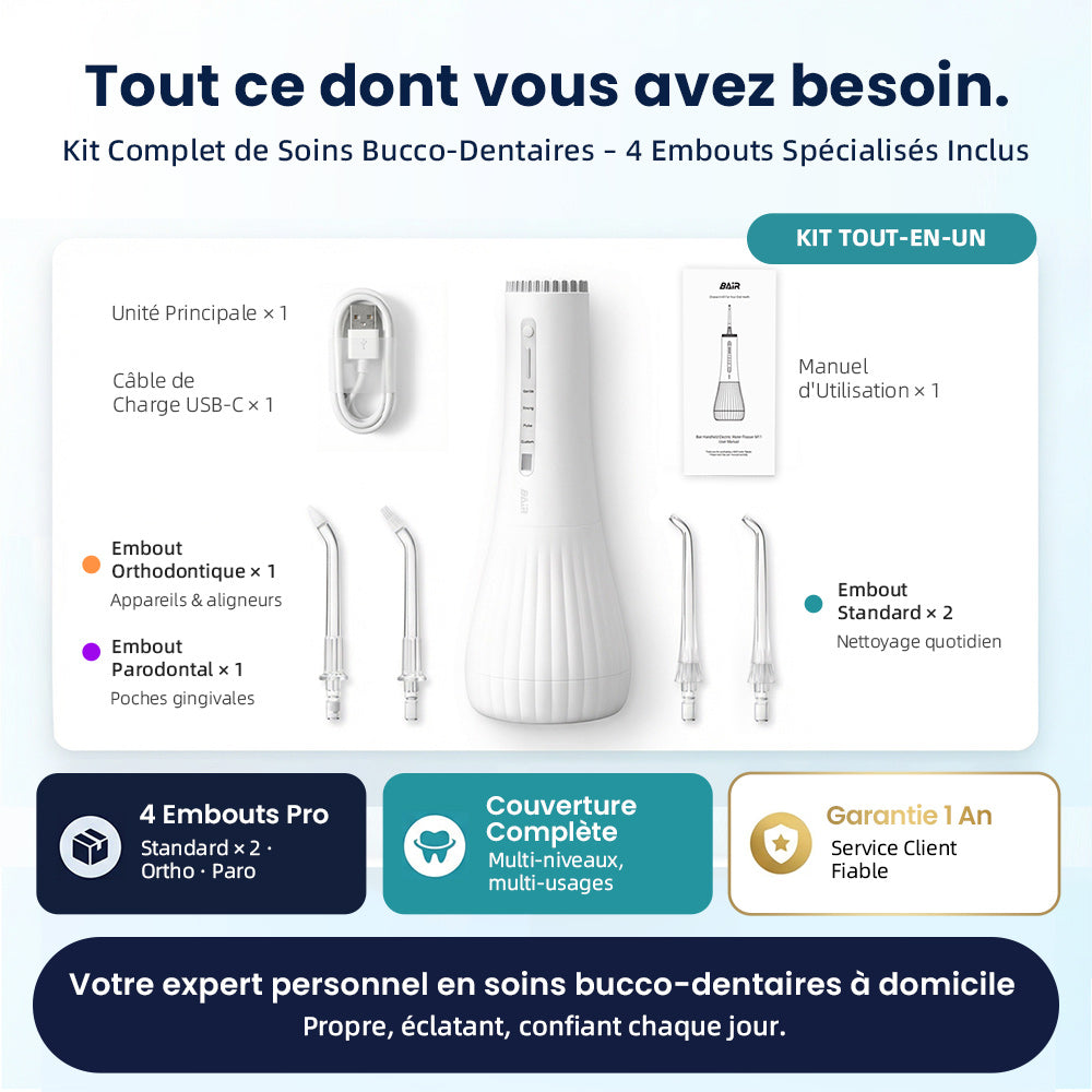 BAIR CARE M11 Hydropulseur dentaire avec assainissement UV (99,9 % d’élimination des bactéries), Très grand réservoir 360 ml, Rangement des buses, Rechargeable USB-C