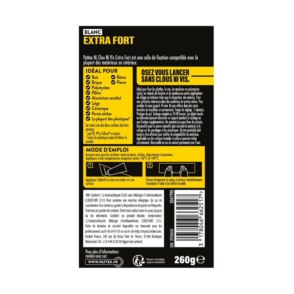 Pattex – Ni Clou Ni Vis Extra Fort (tube de 260 g) – Colle de fixation à maintien immédiat – Rapide pour usage intérieur