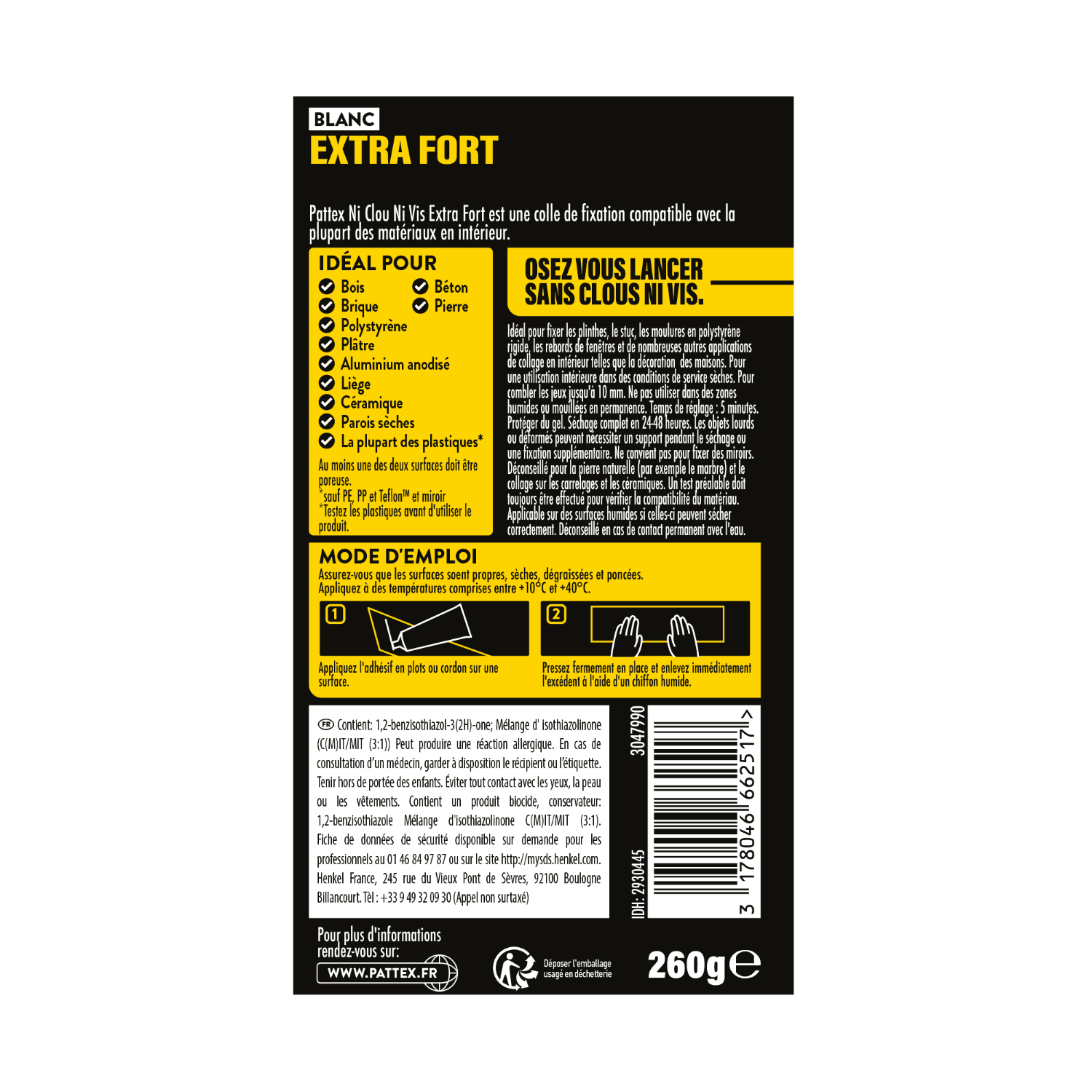 Pattex – Ni Clou Ni Vis Extra Fort (tube de 260 g) – Colle de fixation à maintien immédiat – Rapide pour usage intérieur