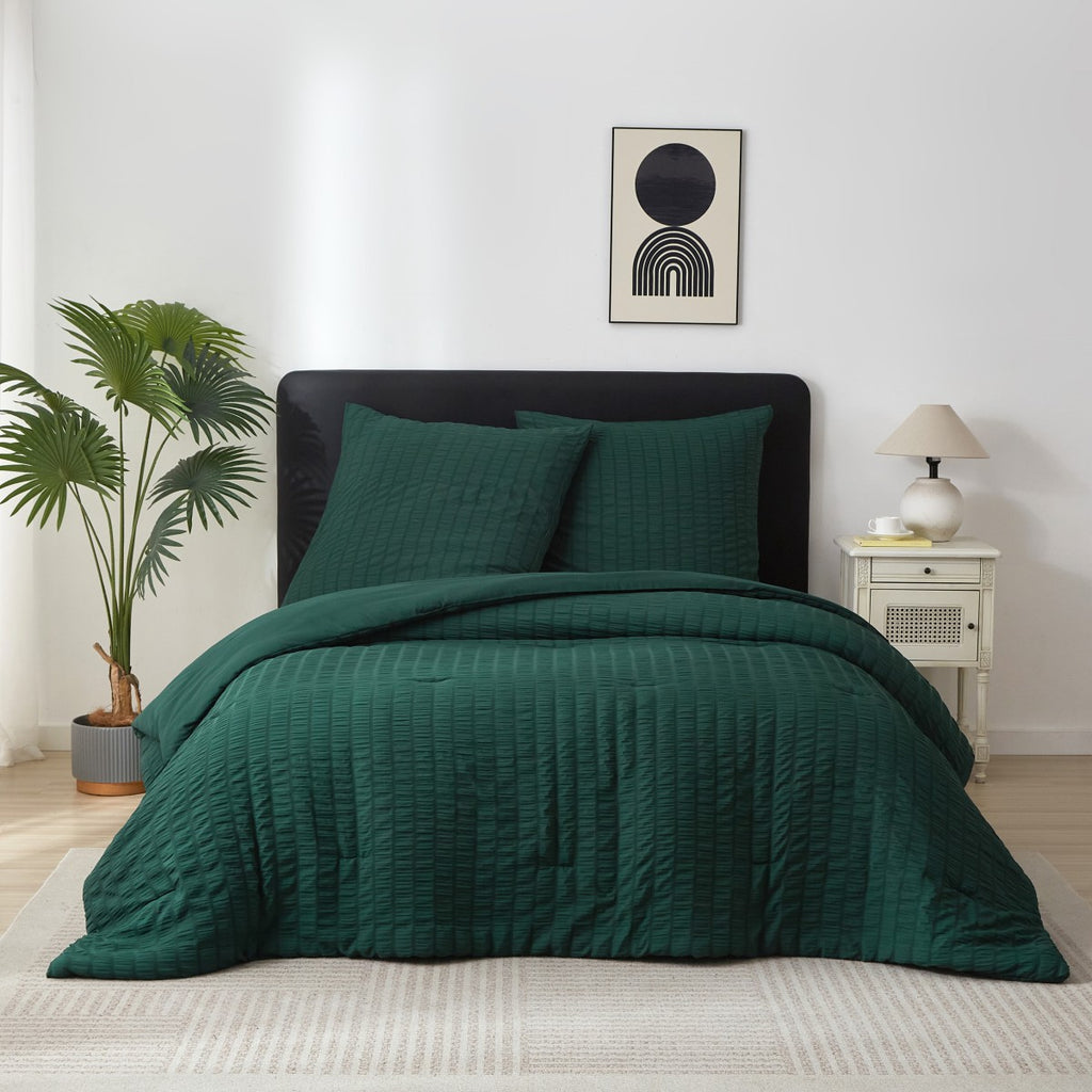 MEEALLHOME Parure de lit texturée Seersucker vert foncé - 1 housse 135 x 200 cm et 1 taie 80 x 80 cm