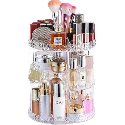 Vilscijon Porte-pinceaux de maquillage transparent rotatif, Organisateur de bureau pour rouge à lèvres et cosmétiques de grande capacité, Étagère de rangement transparente rotative pour crayons à sourcils