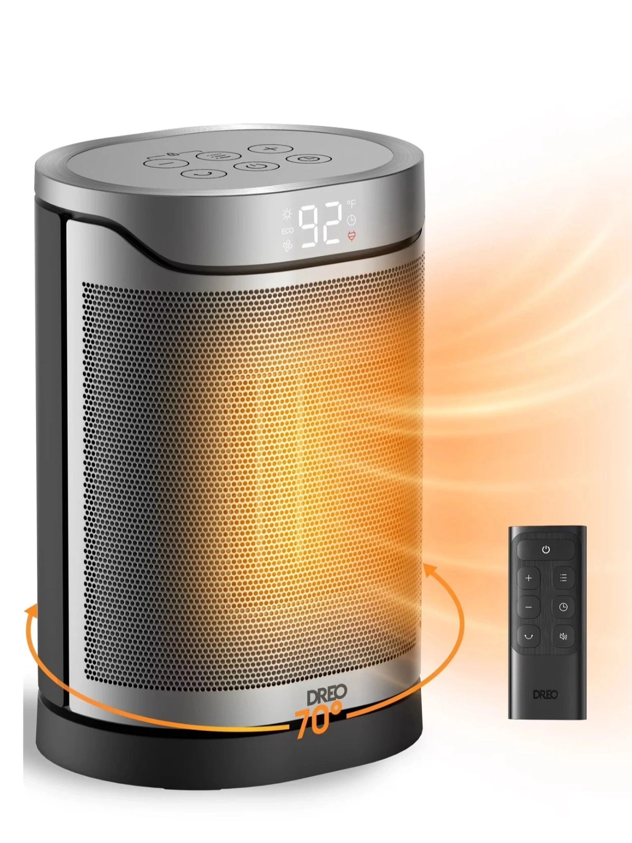 DREO Atom 318, Chauffage soufflant céramique PTC, 1500 W, économe en énergie, chaleur instantanée 2 s, oscillation 70°, minuterie 12 h, 8 protections de sécurité, télécommande
