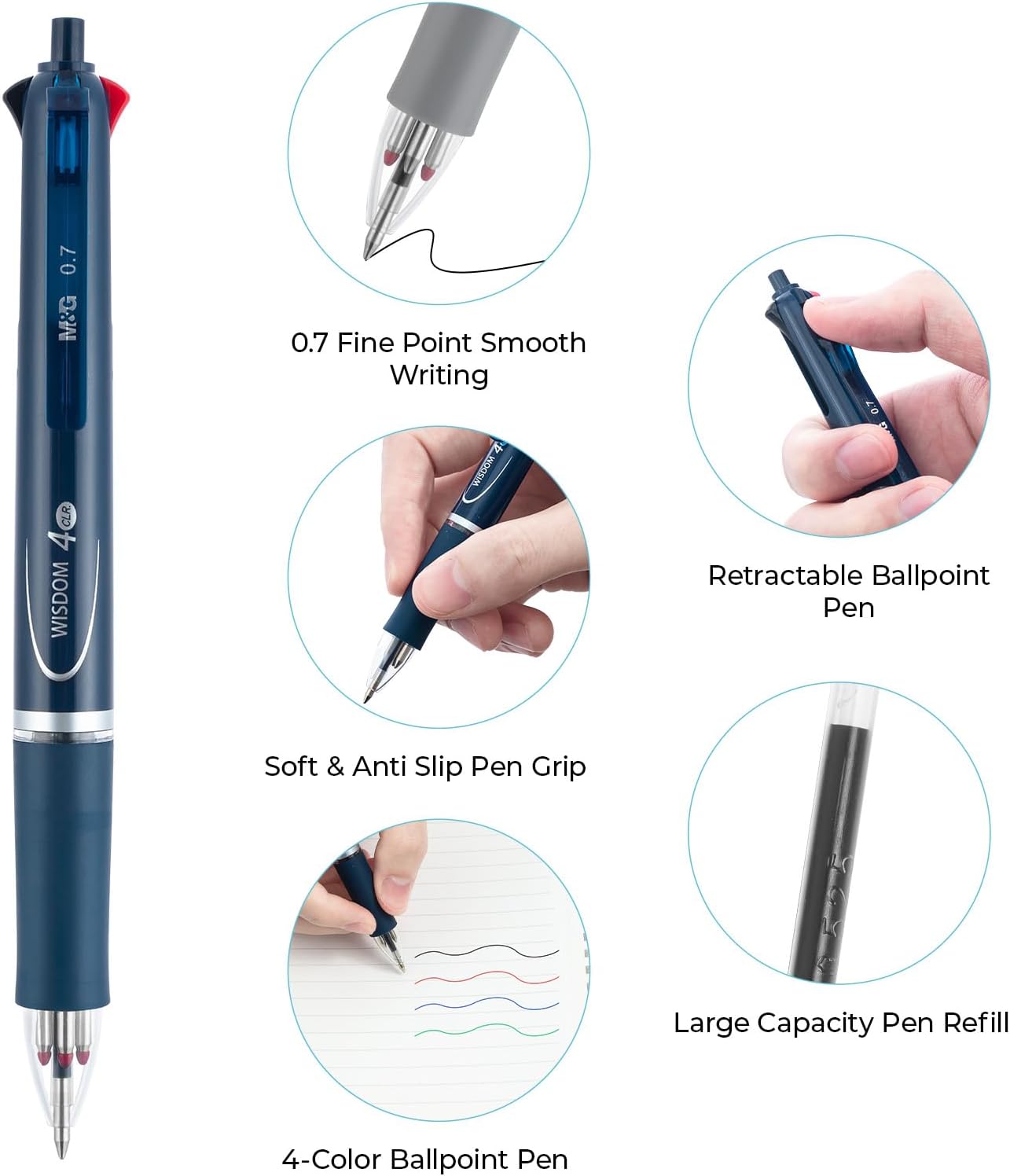 M&G Lot de 3 stylos à bille multicolores rétractables 4 en 1, Pointe fine 0,7 mm, Recharge grande capacité, Zone de préhension antidérapante, Écriture fluide, pour école et bureau