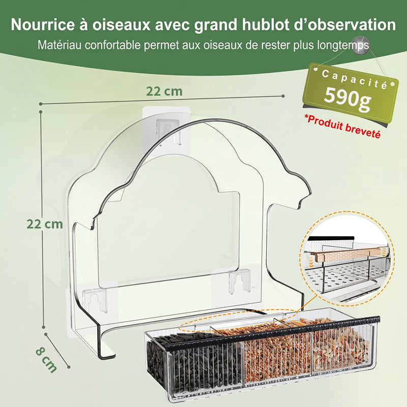 Blinkit Mangeoire en acrylique avec ventouse pour fenêtre, Design transparent, 6 ventouses solides, Gouttières élargies imperméables, Observation des oiseaux à la fenêtre, Noir/Blanc/Gris