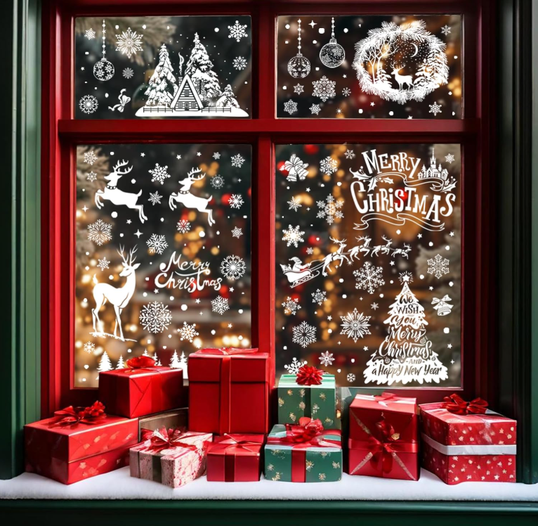 JU7CER Lot de 9 autocollants de fenêtre de Noël réutilisables et autocollants, motif flocons de neige blancs, autocollants de fenêtre en PVC double face