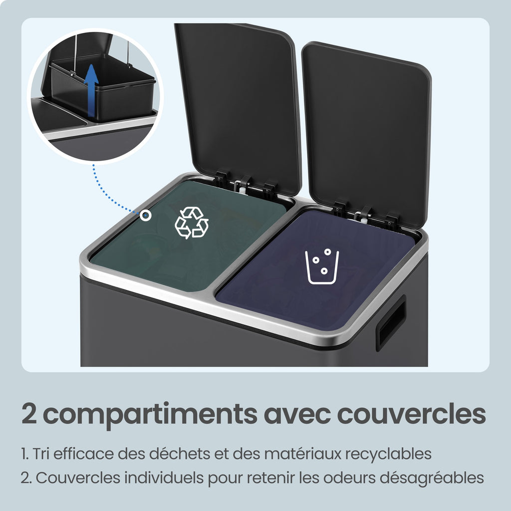 JOYFURNOS Poubelle de tri en acier à double compartiment, à pédale, fermeture douce, gris, avec 15 sacs poubelle