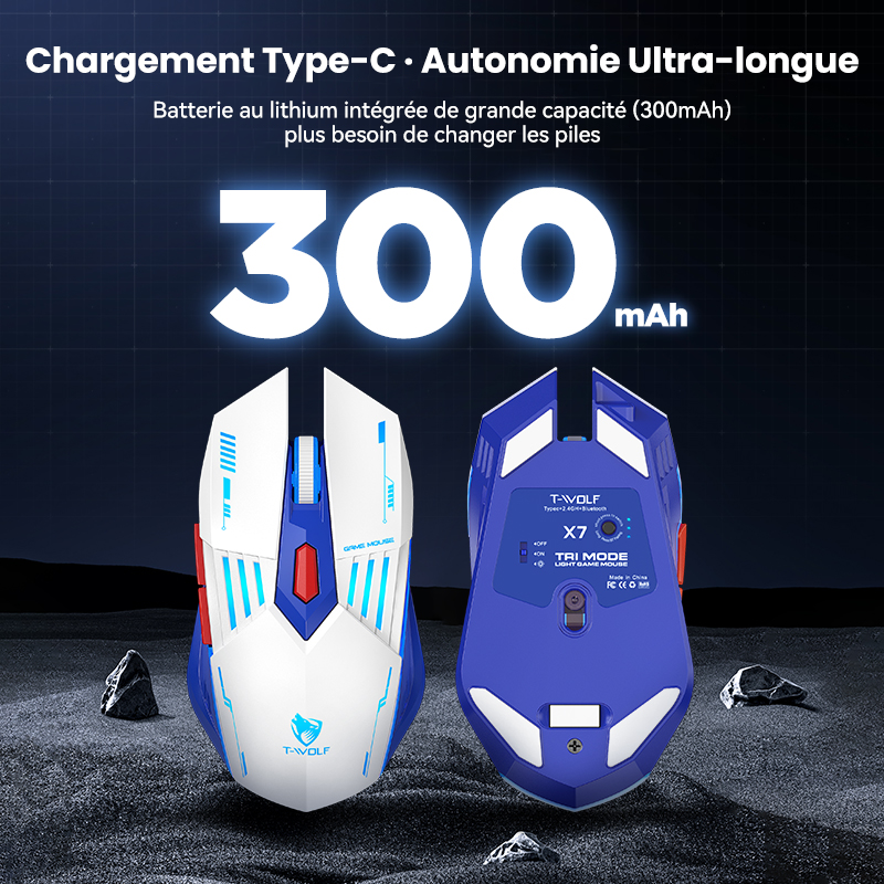 Rexsun Souris de jeu tri-mode Boutons 6D 2,4 GHz + Bluetooth + Filaire DPI réglable 800–3600 Recharge Type-C Éclairage RVB à effet respiration Batterie 300 mAh Blanc et bleu X7
