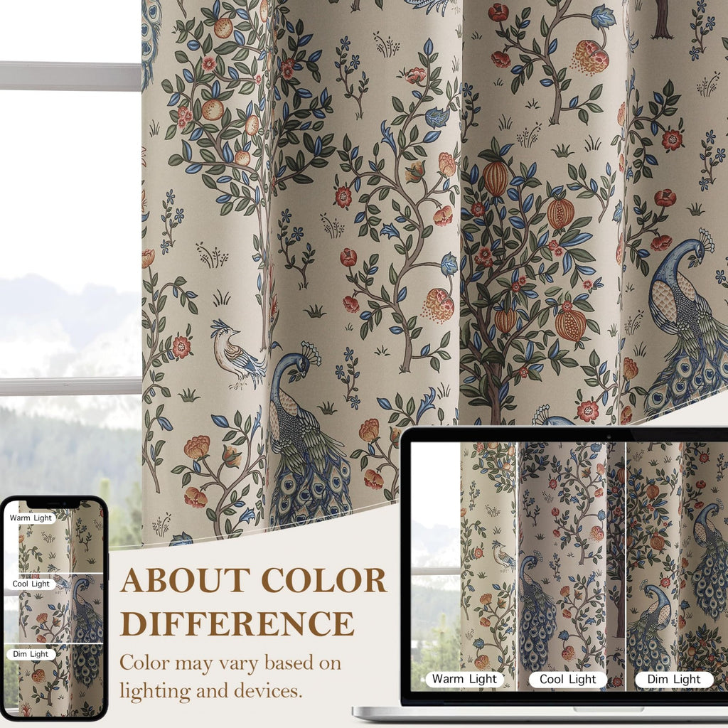 PONY DANCE Rideaux Vintage Imprimés Floraux Occultants Isolants Thermiques pour Chambre Salon, 2 Panneaux, l 132 x L 245 cm, Beige