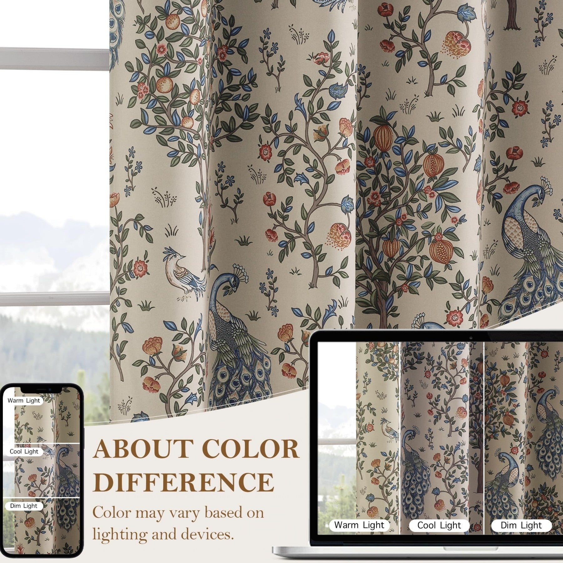 PONY DANCE Rideaux Vintage Imprimés Floraux Occultants Isolants Thermiques pour Chambre Salon, 2 Panneaux, l 132 x L 245 cm, Beige