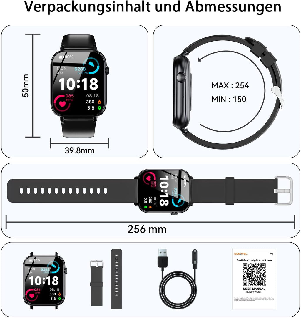 Montre connectée OUKITEL V3 noire-1,83" HD homme femme appel Bluetooth IP68 SpO2 cardio 100+ modes sportifs Android iOS