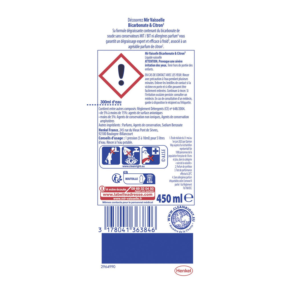 Mir Liquide Vaisselle Dégraissant Expert au Bicarbonate et au Citron, Hautement Concentré, 450 ml
