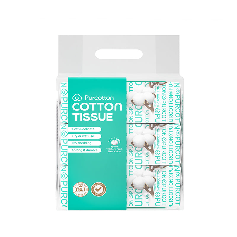 Purcotton Mouchoirs faciaux en pur coton 300 feuilles - 3 x 100 - Usage double sec et humide