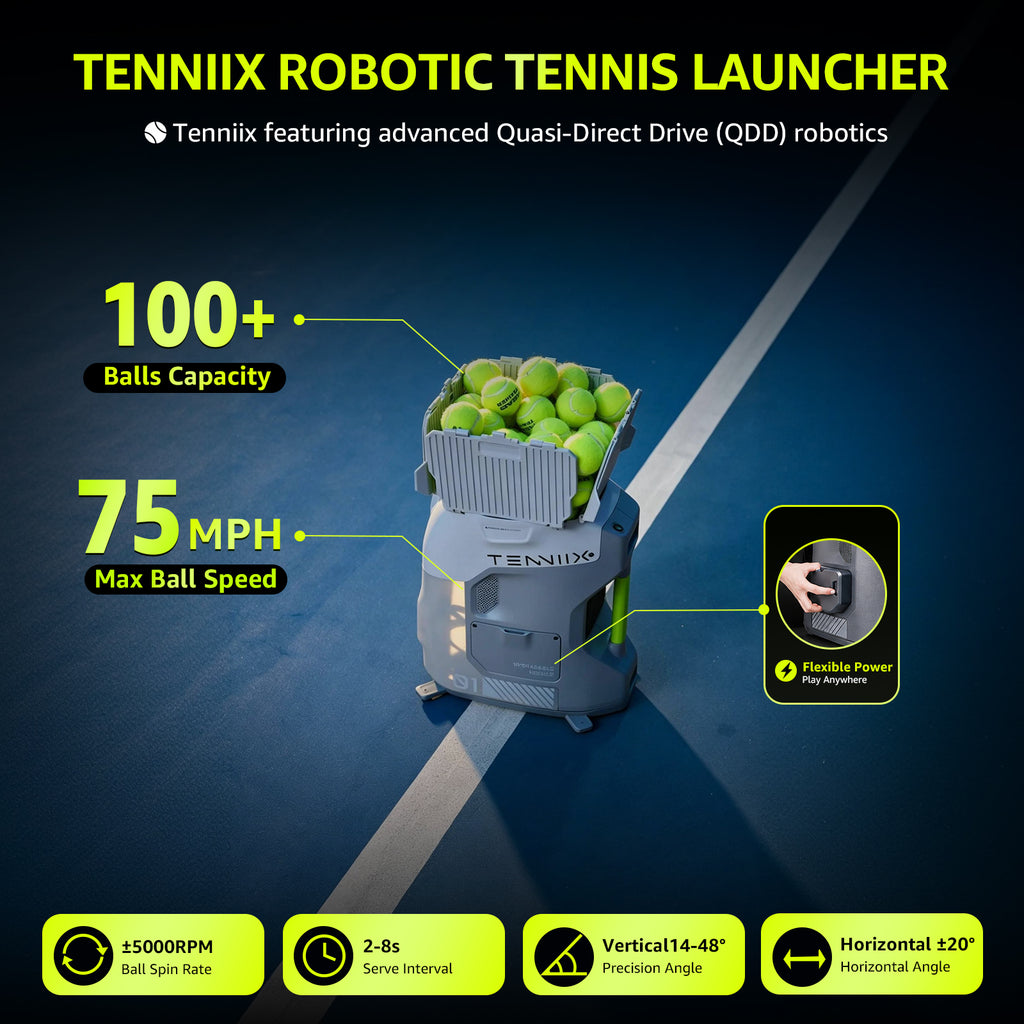 TENNIIX Basic Mint White robot de tennis IA, 100+ services / contrôle vocal et par application / écran LED / moteur QDD, 1 000+ modes d'entraînement personnalisés