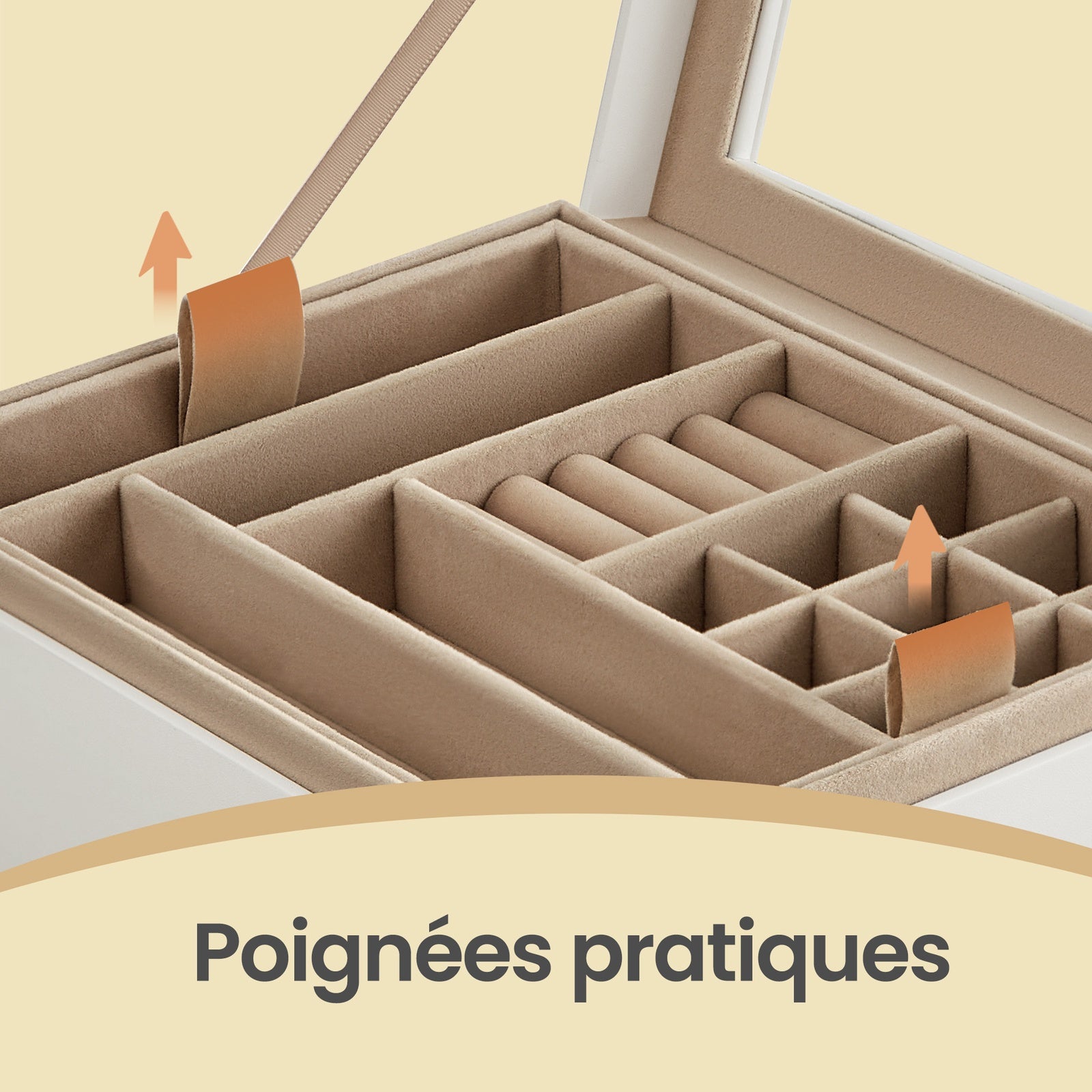 JOYFURNOS Boîte à Bijoux avec Couvercle en Verre, Organiseur à Bijoux 2 Niveaux avec Plateau Amovible, Rangement pour Bijoux, Style Moderne, Cadeau pour Vos Proches, Blanc Nuage et Or Métallique
