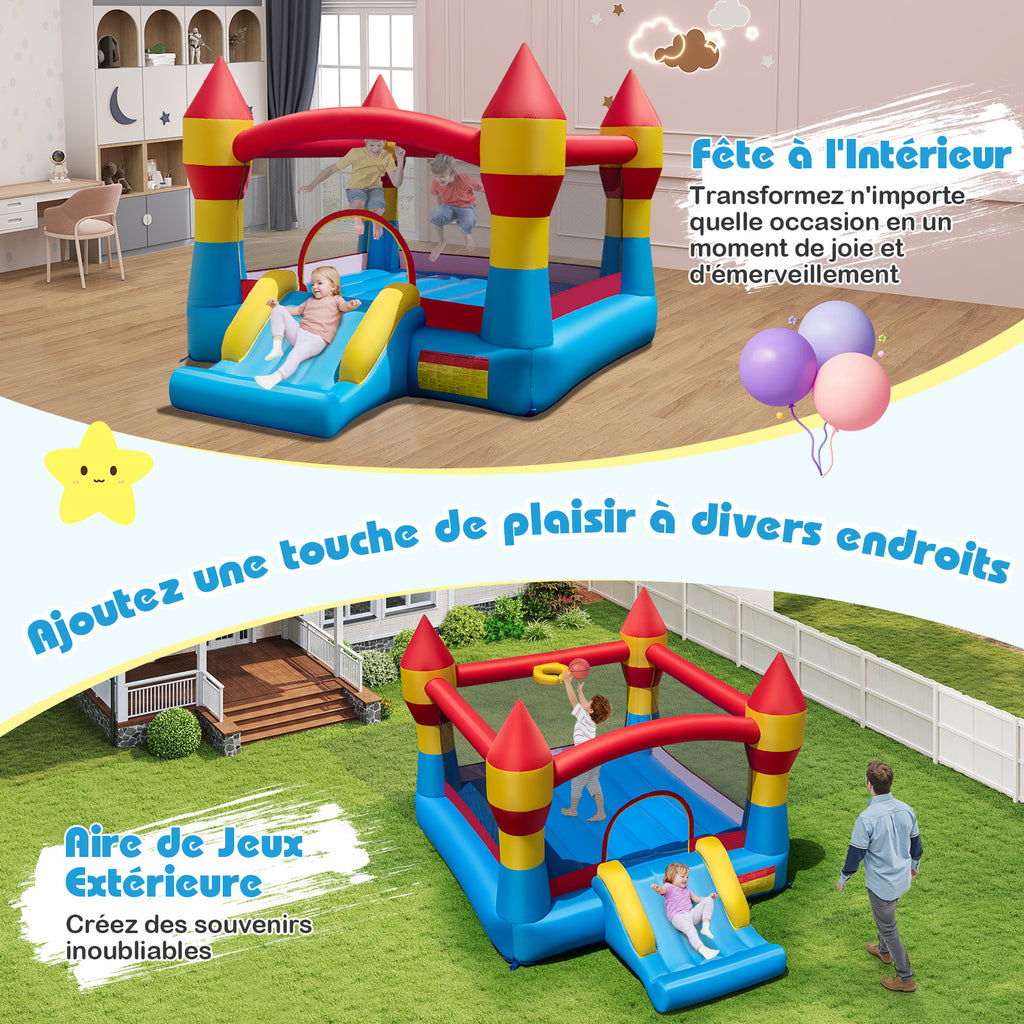 Costway Trampoline gonflable 3-en-1 pour enfants avec toboggan, grande surface de saut et panier de basket, souffleur non inclus