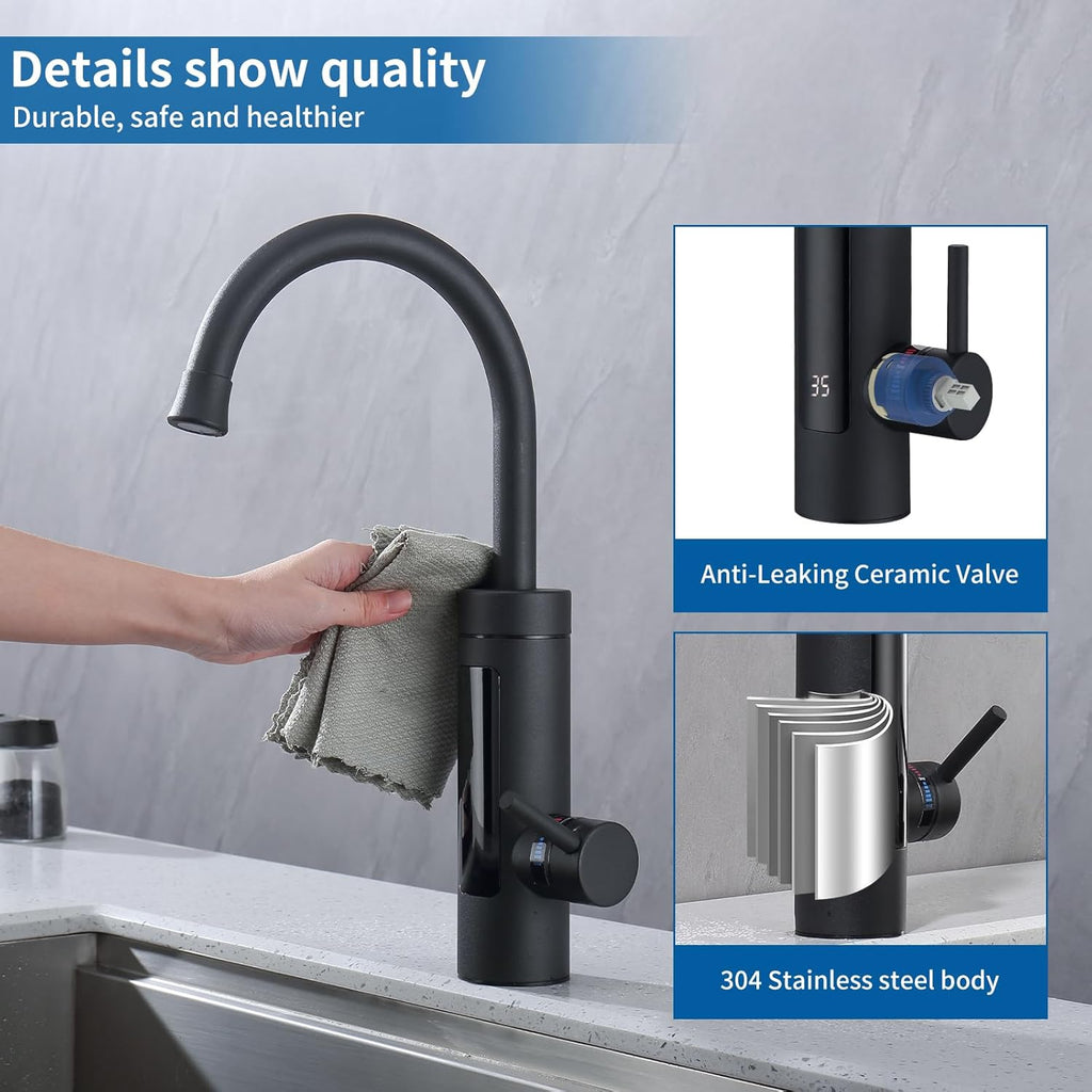HOMELODY Robinet électrique avec chauffe-eau instantané 230 V, chauffe-eau de cuisine, robinet de cuisine LED, robinet électrique en acier inoxydable - Noir mat