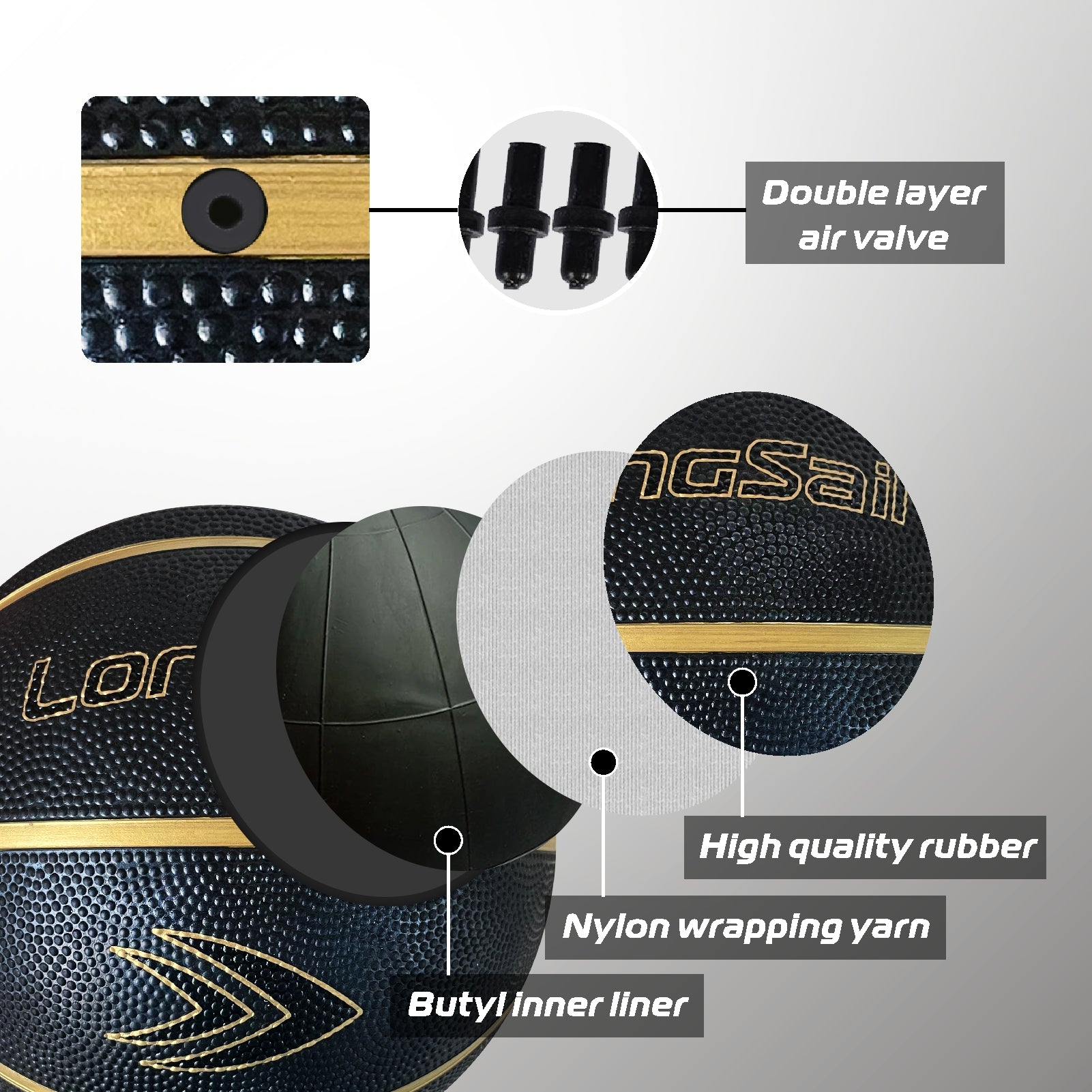 LONGSAIL Ballon de basketball en caoutchouc haute qualité (27,5 po) Taille 5 Noir/Or