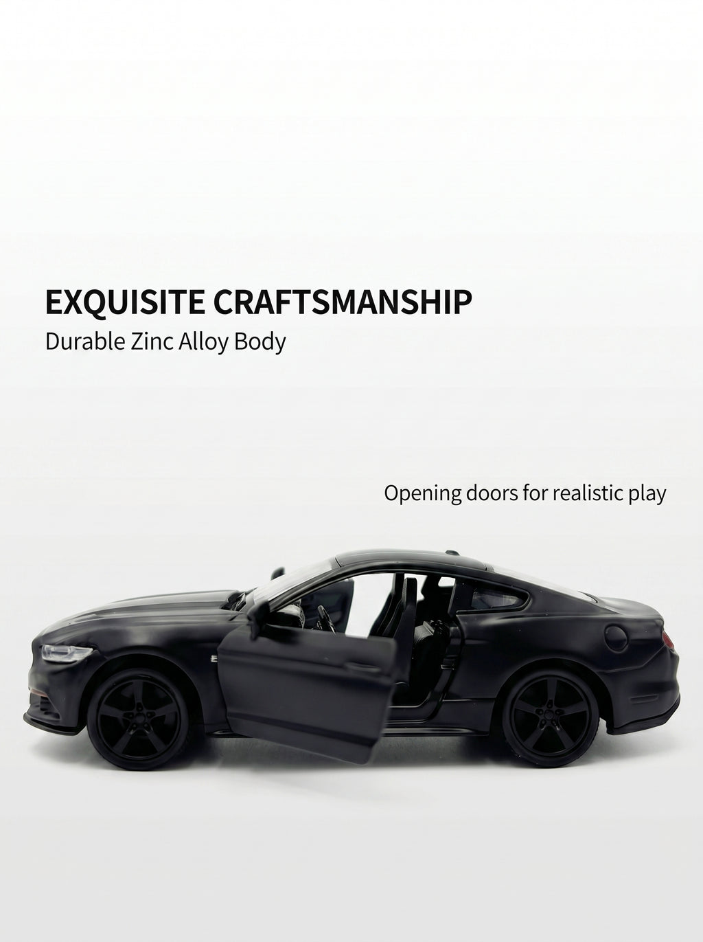 Voiture miniature Ford Mustang à l’échelle 1:36, en alliage noir, avec portes ouvrantes et mécanisme à ressort – Jouet pour enfants, idée cadeau