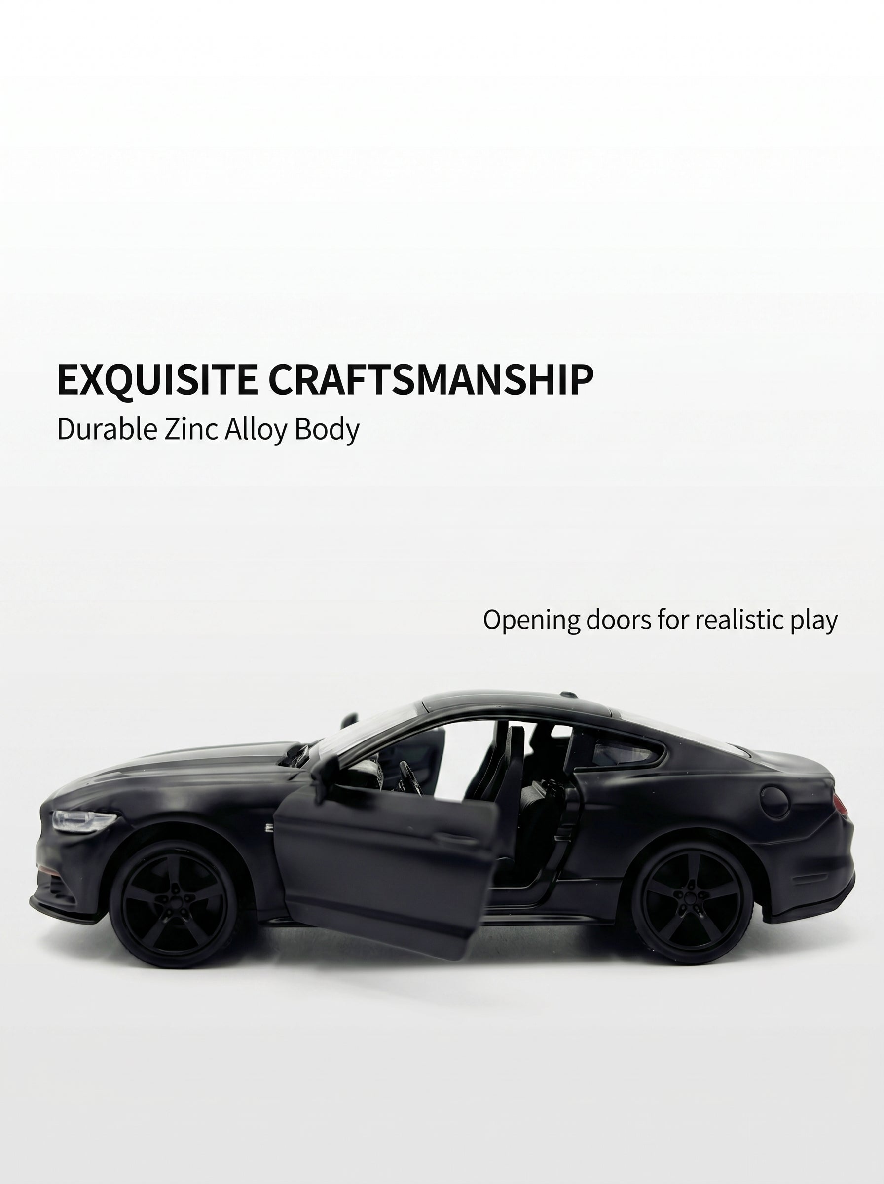 Voiture miniature Ford Mustang à l’échelle 1:36, en alliage noir, avec portes ouvrantes et mécanisme à ressort – Jouet pour enfants, idée cadeau