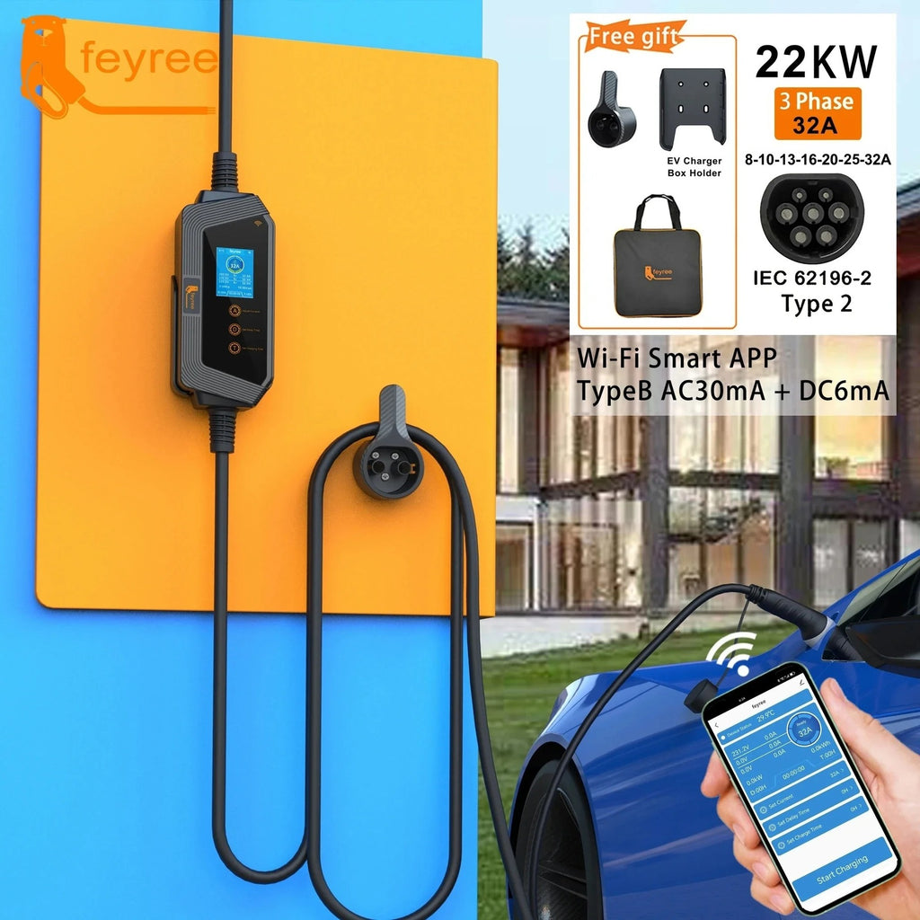 Feyree Chargeur portable pour véhicule électrique 22 kW 32 A triphasé type 2, commande par application Wi-Fi, boîtier de recharge EVSE, station de recharge pour voiture électrique