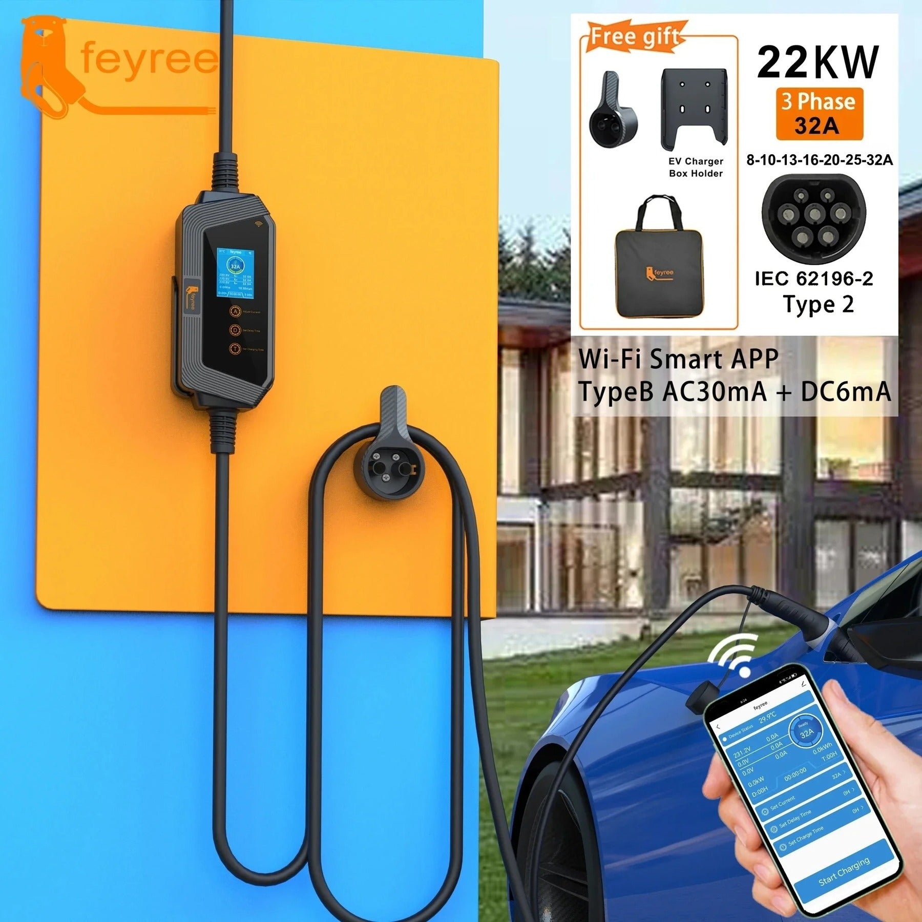 Feyree Chargeur portable pour véhicule électrique 22 kW 32 A triphasé type 2, commande par application Wi-Fi, boîtier de recharge EVSE, station de recharge pour voiture électrique