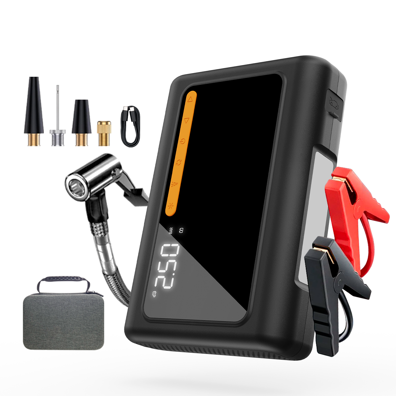Démarreur de voiture GOKKCL GK01 à ions sodium, grande capacité 17 500 mAh, pack de démarrage d'urgence 4 en 1 avec pompe à air haute pression 25 cylindres (150 PSI)