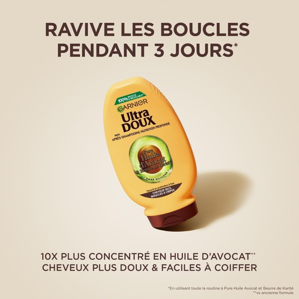 ULTRA DOUX Après-shampooing Nutrition Intense pour Cheveux Bouclés et Crépus à l'Huile d'Avocat et au Beurre de Karité - 250 ml